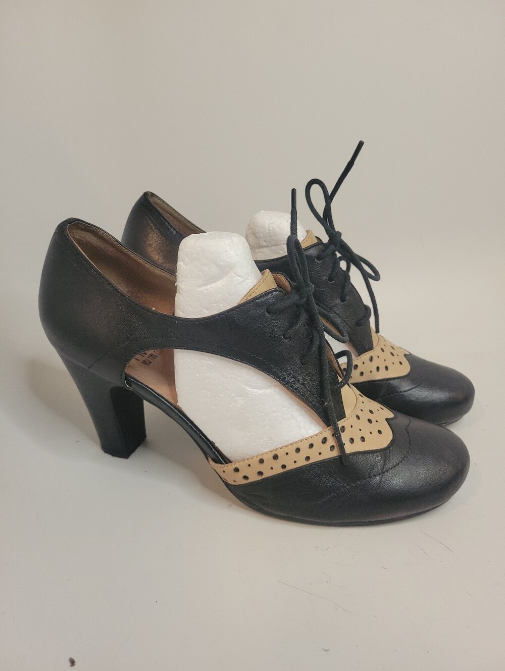 Miz Mooz Joyce Black and Beige Lace-Up Cut-Out Oxford Heels